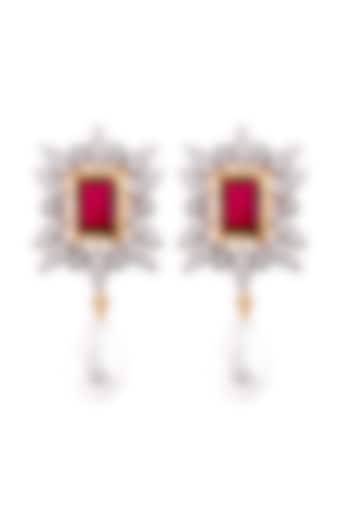 White Rhodium Finish Cubic Zirconia & Red Stone Dangler Earrings In Sterling Silver by PRATA
