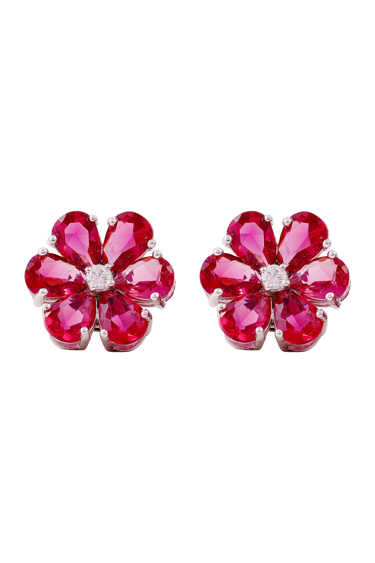 White Rhodium Finish Cubic Zirconia Red Stone Stud Earrings In