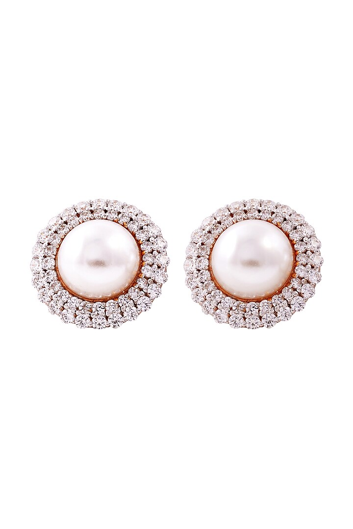 Rose Gold Finish Cubic Zirconia & Pearl Stud Earrings In Sterling Silver by PRATA