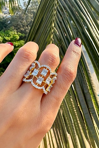 Gold Finish White Stone Ring In Sterling Silver by PRATA