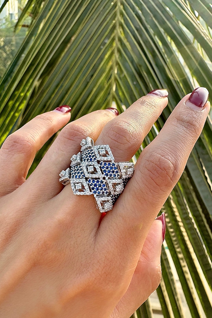 White Finish Diamond & Deep Blue Stone Ring In Sterling Silver by PRATA at Pernia's Pop Up Shop