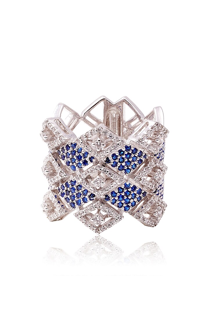 White Finish Diamond & Deep Blue Stone Ring In Sterling Silver by PRATA at Pernia's Pop Up Shop