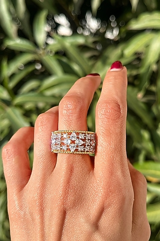 Gold Finish Diamond Ring In Sterling Silver by PRATA