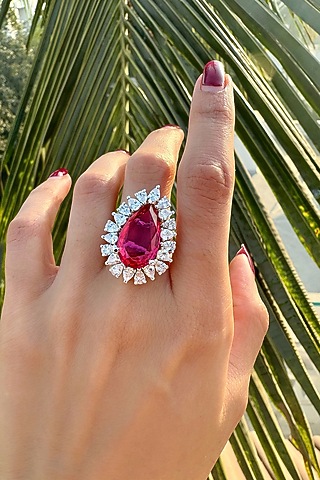 White Finish Pink Tourmaline Ring In Sterling Silver by PRATA