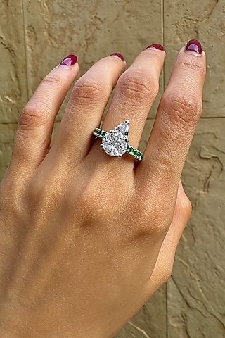 White Finish Cubic Zirconia & Green Stone Ring In Sterling Silver by PRATA