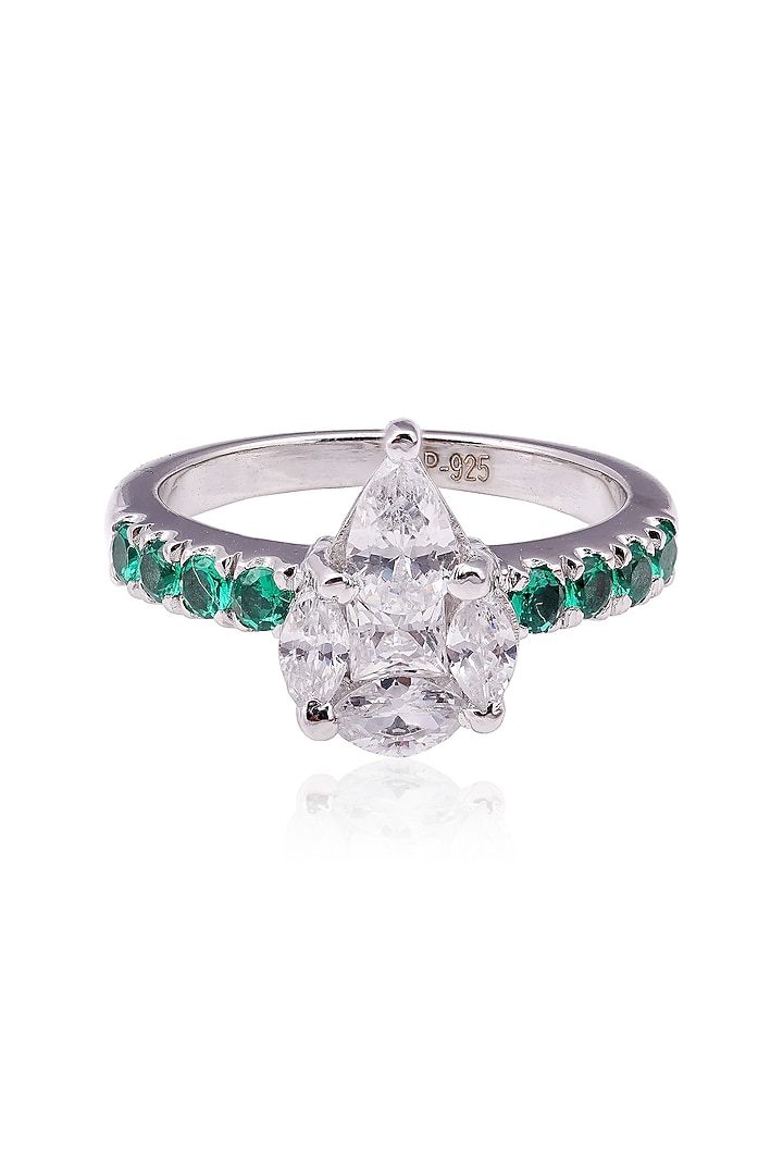 White Finish Cubic Zirconia & Green Stone Ring In Sterling Silver by PRATA at Pernia's Pop Up Shop