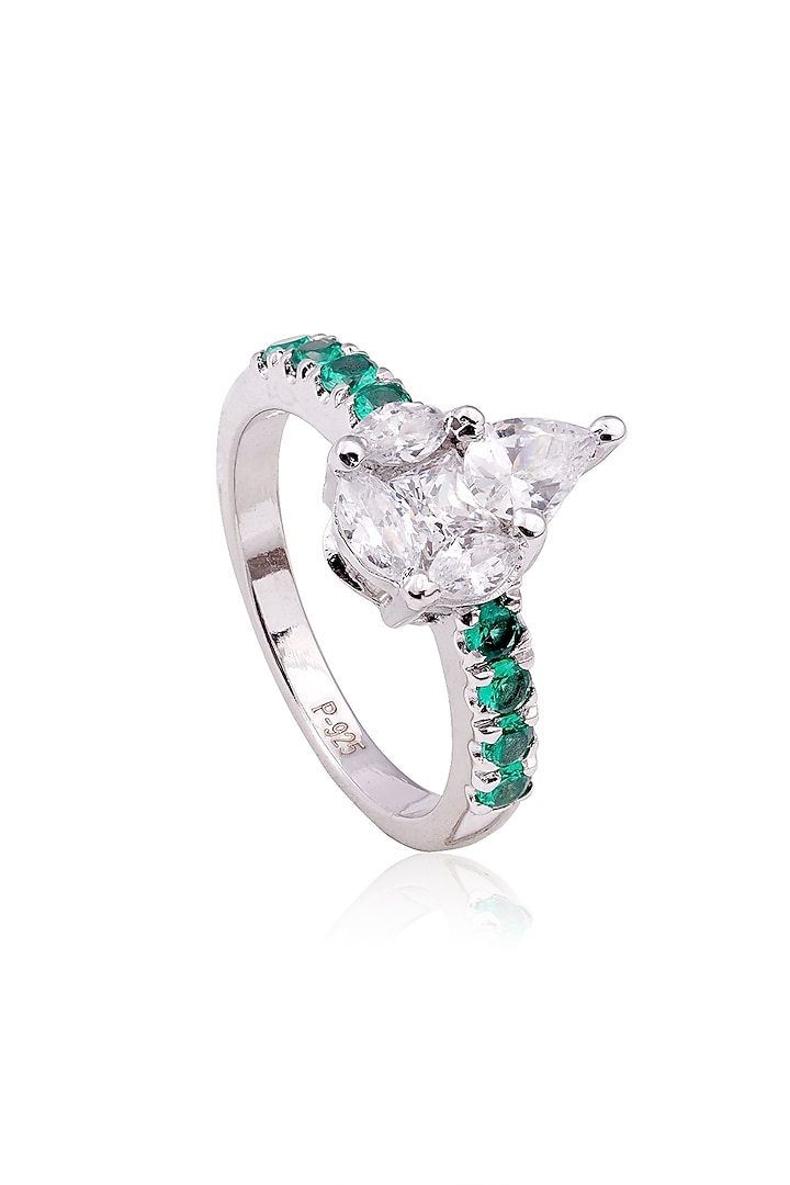 White Finish Cubic Zirconia & Green Stone Ring In Sterling Silver by PRATA at Pernia's Pop Up Shop