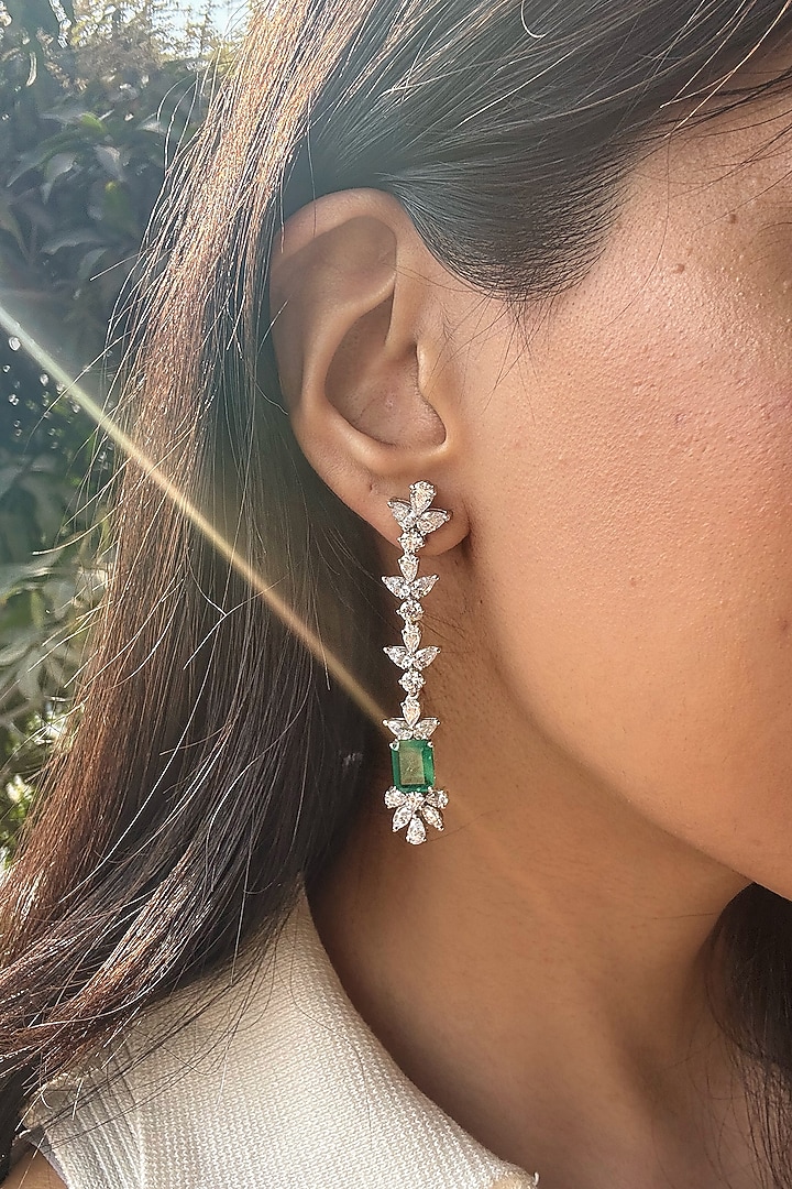 White Finish Motif & Emerald Drop Dangler Earrings In Sterling Silver by PRATA at Pernia's Pop Up Shop