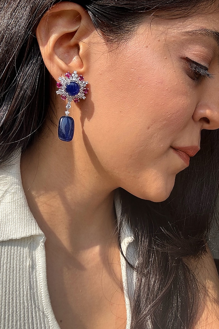 White Finish Diamond & Blue Tumble Dangler Earrings In Sterling Silver by PRATA at Pernia's Pop Up Shop