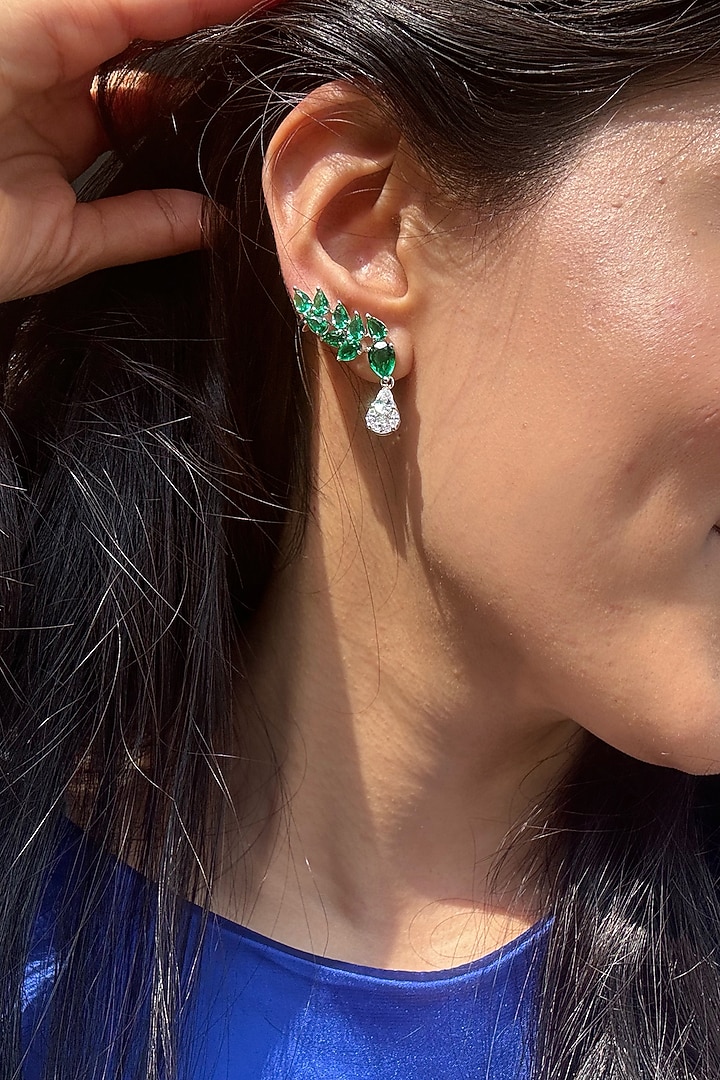 White Finish Green Stone Stud Earrings In Sterling Silver by PRATA at Pernia's Pop Up Shop