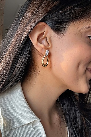 Gold Finish White Stone Dangler Earrings In Sterling Silver by PRATA