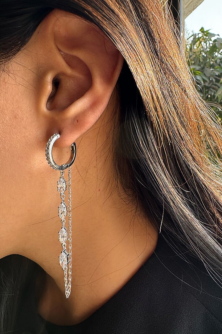 White Finish Diamond Dangler Earrings In Sterling Silver by PRATA at Pernia's Pop Up Shop