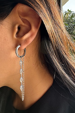 White Finish Diamond Dangler Earrings In Sterling Silver by PRATA