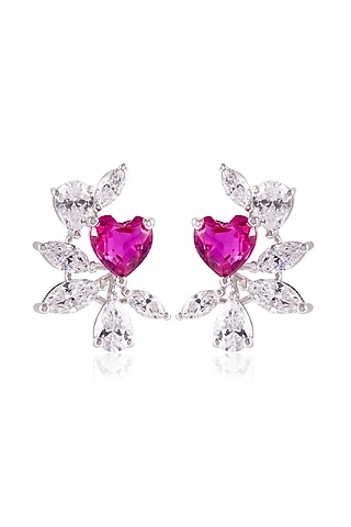 White Finish Pink Stone Stud Earrings In Sterling Silver by PRATA