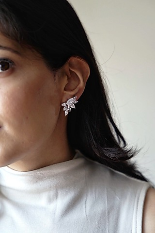 White Finish Diamond Stud Earrings In Sterling Silver by PRATA