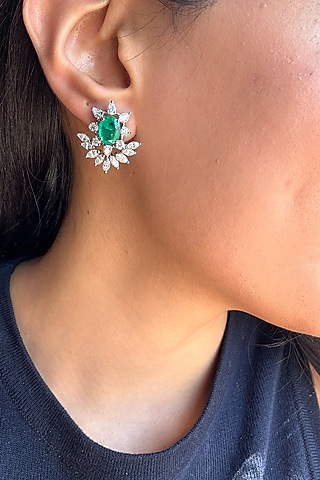 White Finish Green Stone Stud Earrings In Sterling Silver by PRATA