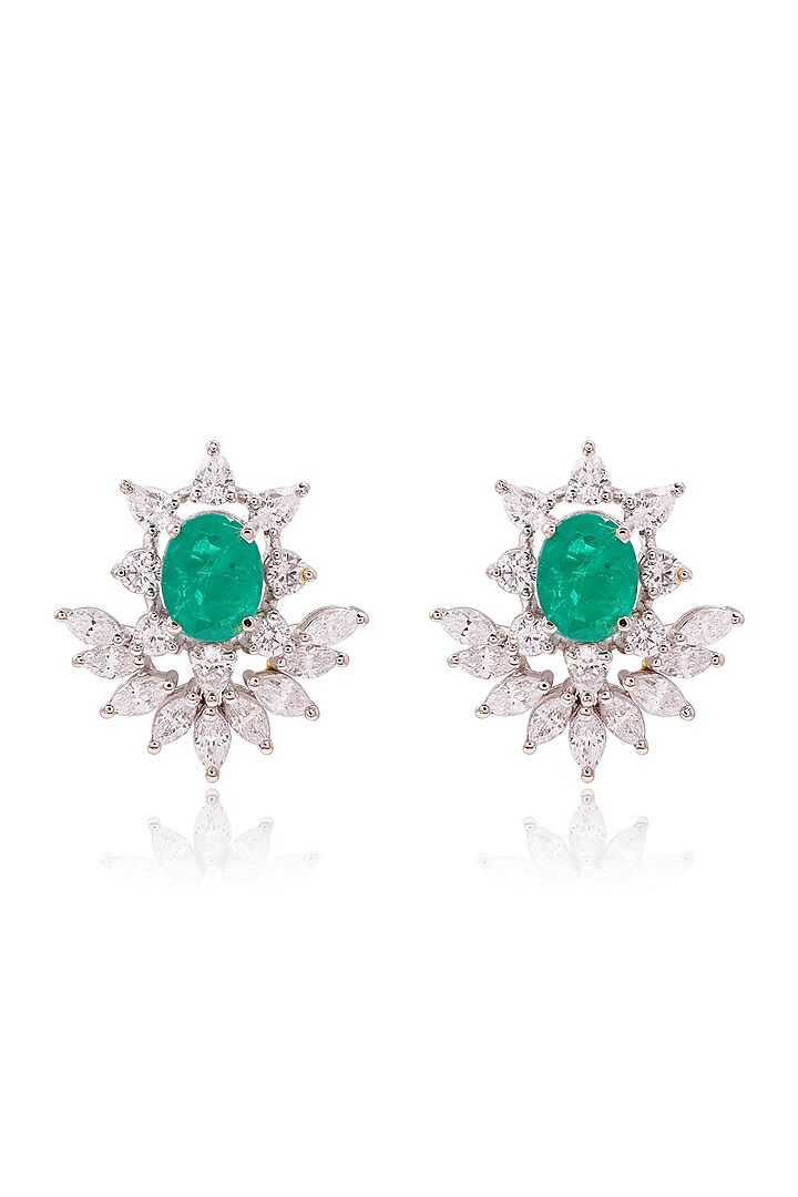 White Finish Green Stone Stud Earrings In Sterling Silver by PRATA at Pernia's Pop Up Shop