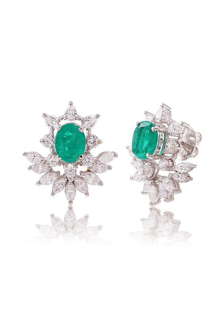 White Finish Green Stone Stud Earrings In Sterling Silver by PRATA at Pernia's Pop Up Shop
