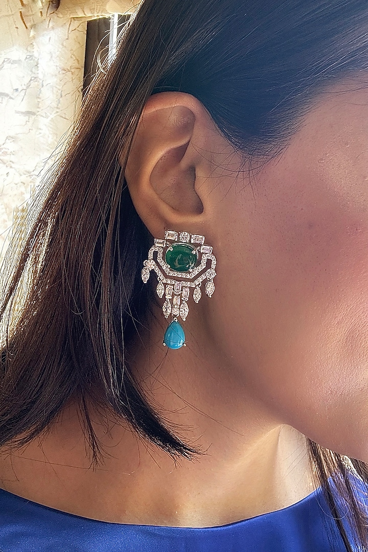 White Finish Turquoise & Green Stone Dangler Earrings In Sterling Silver by PRATA at Pernia's Pop Up Shop