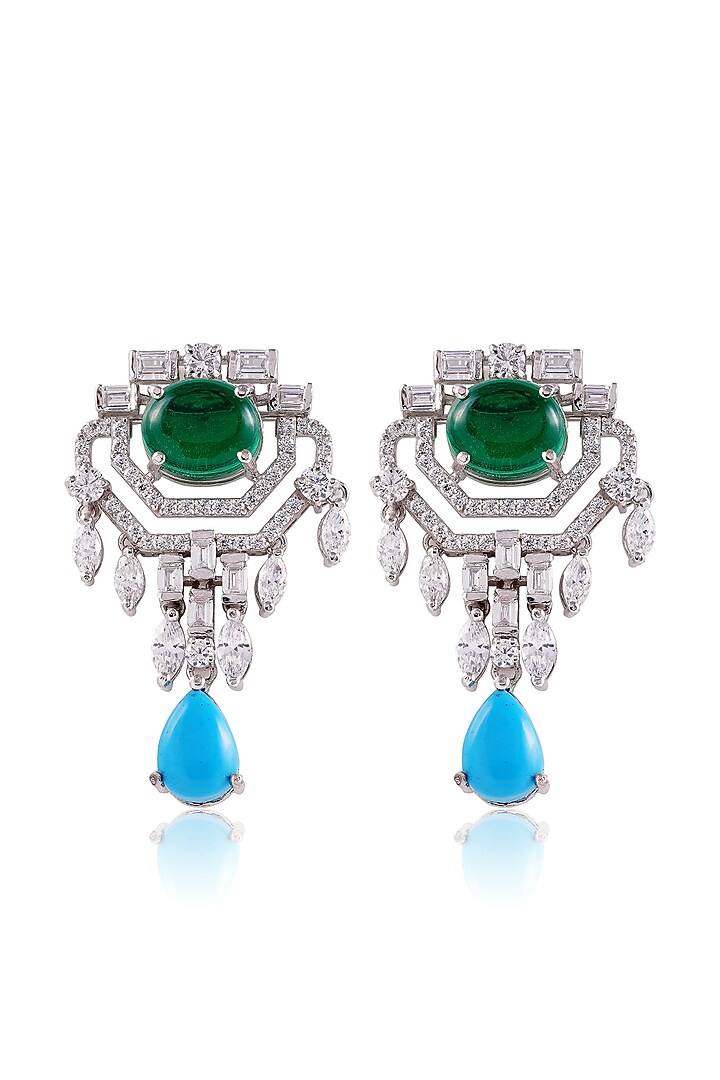 White Finish Turquoise & Green Stone Dangler Earrings In Sterling Silver by PRATA at Pernia's Pop Up Shop