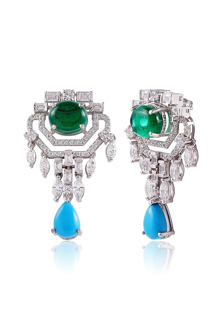 White Finish Turquoise & Green Stone Dangler Earrings In Sterling Silver by PRATA at Pernia's Pop Up Shop