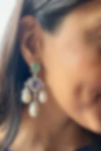 White Finish Pearl & Aqua Stone Dangler Earrings In Sterling Silver by PRATA at Pernia's Pop Up Shop