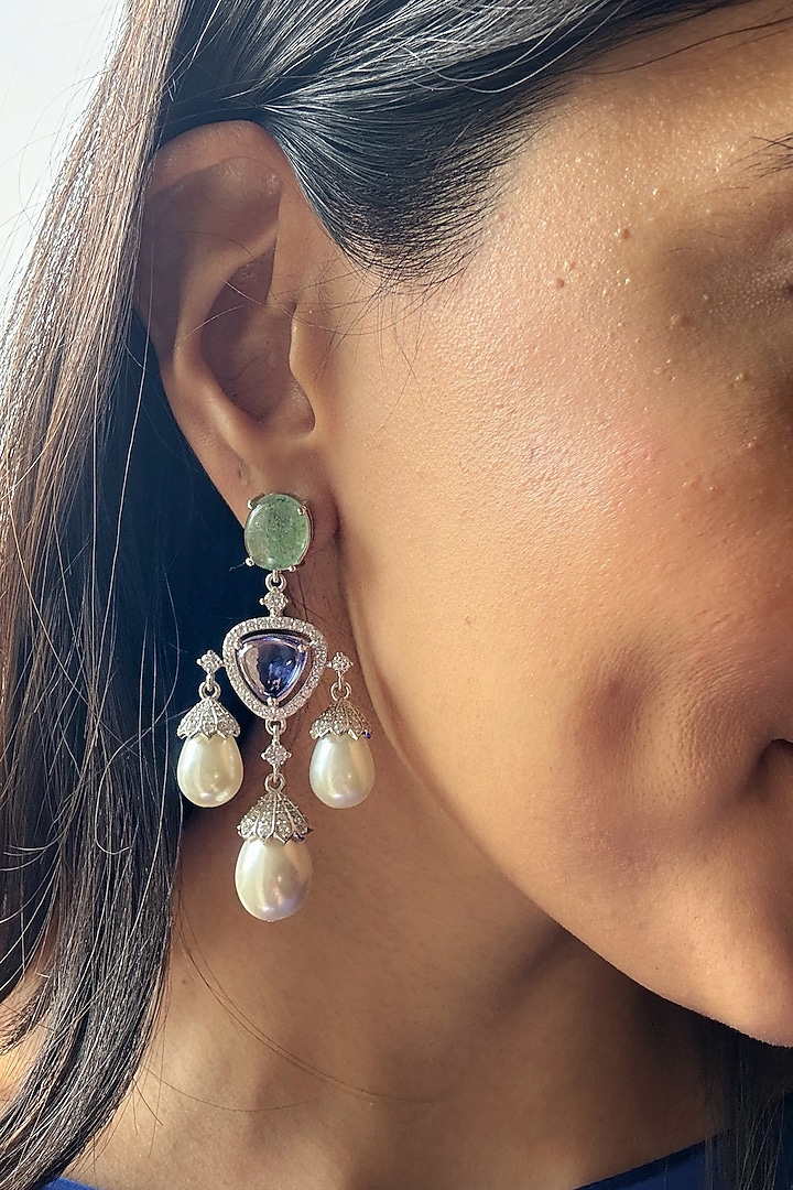 White Finish Pearl & Aqua Stone Dangler Earrings In Sterling Silver by PRATA at Pernia's Pop Up Shop