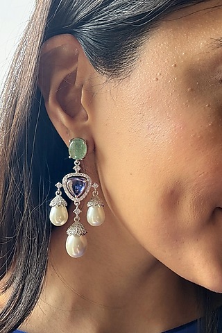 White Finish Pearl & Aqua Stone Dangler Earrings In Sterling Silver by PRATA
