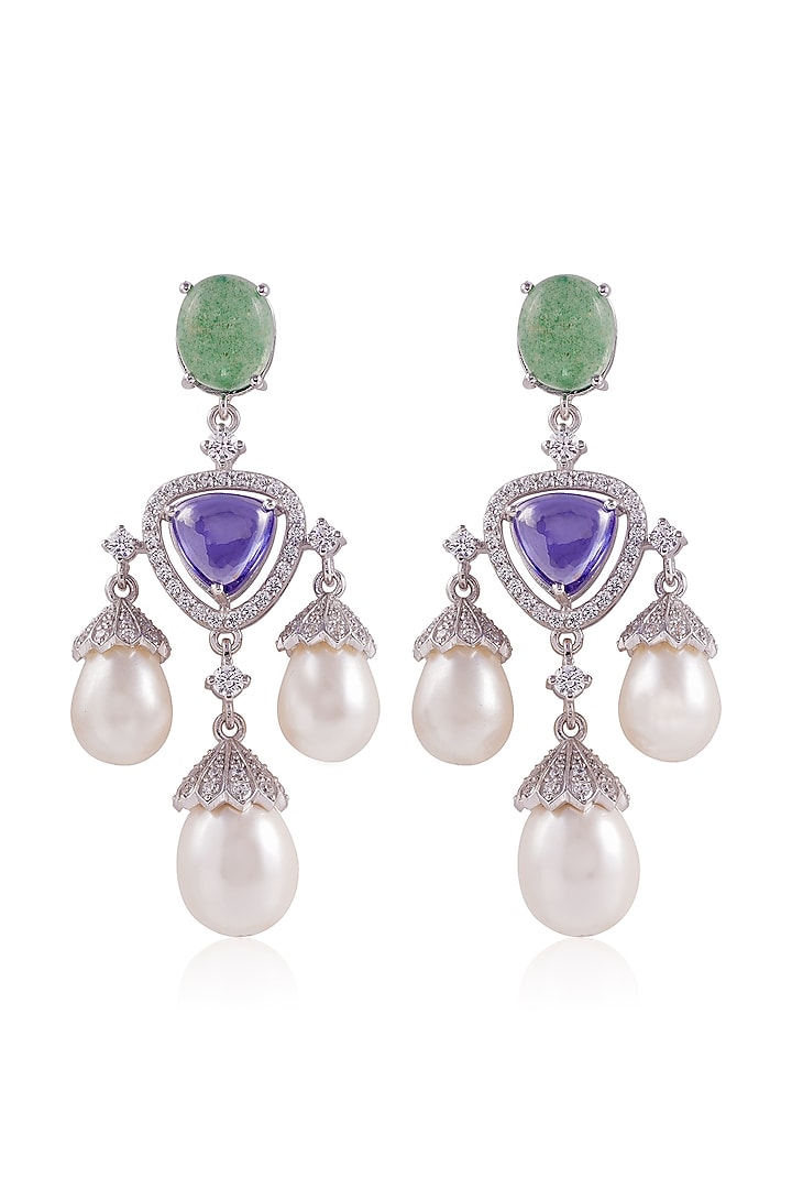 White Finish Pearl & Aqua Stone Dangler Earrings In Sterling Silver by PRATA at Pernia's Pop Up Shop