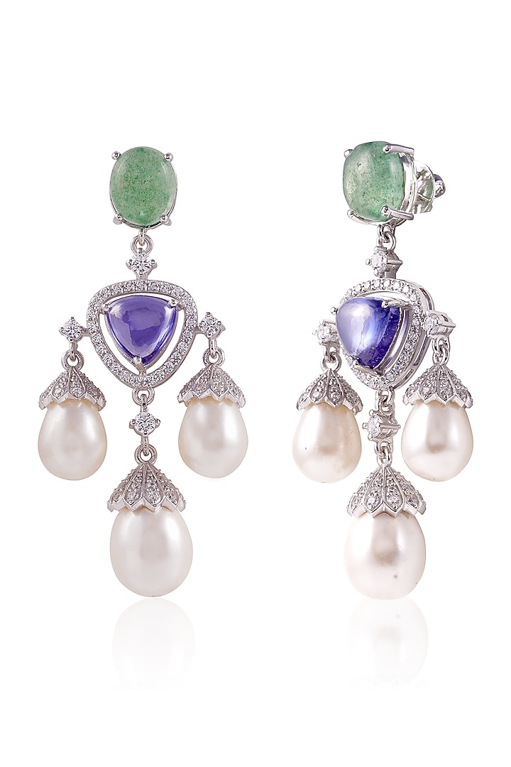 White Finish Pearl & Aqua Stone Dangler Earrings In Sterling Silver by PRATA at Pernia's Pop Up Shop