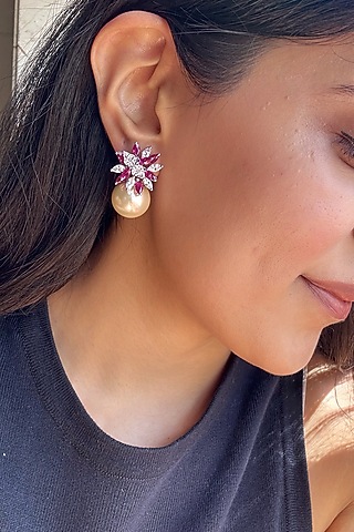White Finish Pearl & Pink Stone Stud Earrings In Sterling Silver by PRATA
