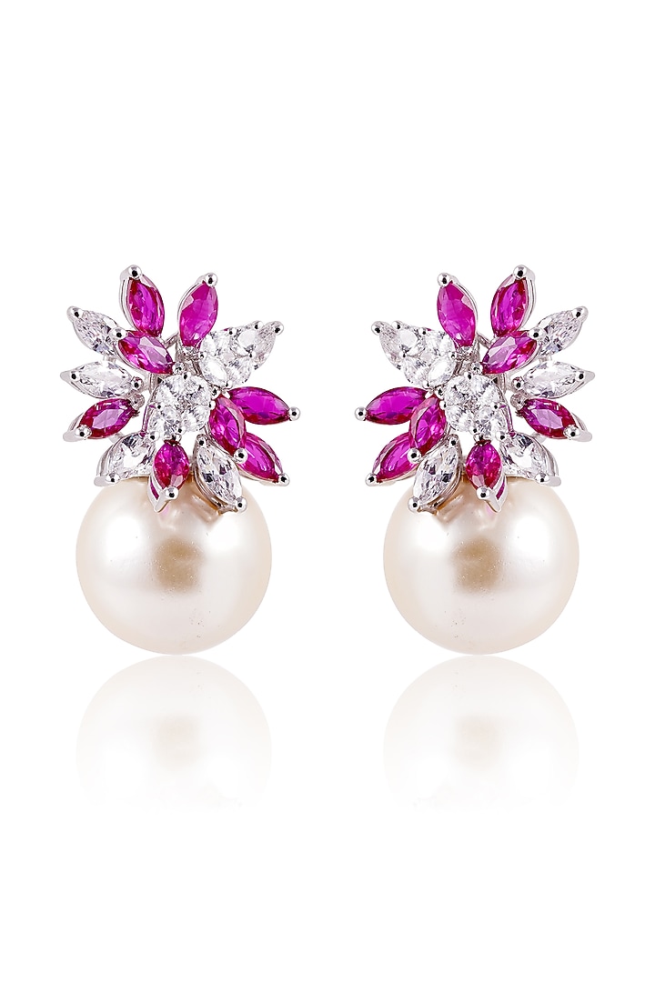 White Finish Pearl & Pink Stone Stud Earrings In Sterling Silver by PRATA at Pernia's Pop Up Shop
