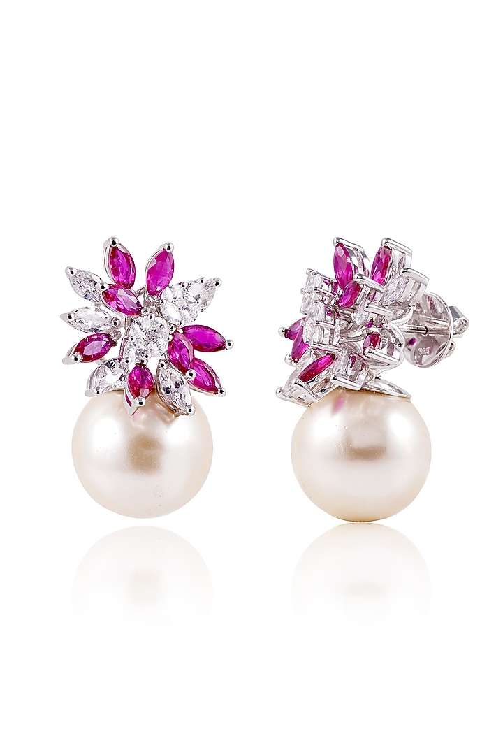 White Finish Pearl & Pink Stone Stud Earrings In Sterling Silver by PRATA at Pernia's Pop Up Shop