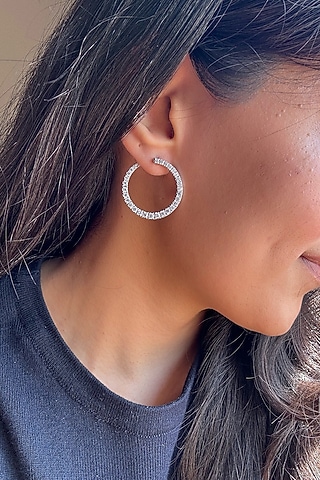 White Finish White Stone Hoop Earrings In Sterling Silver by PRATA