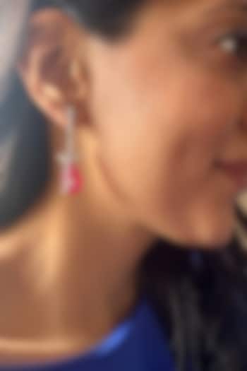White Finish Pink Stone Dangler Earrings In Sterling Silver by PRATA at Pernia's Pop Up Shop