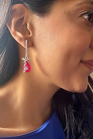 White Finish Pink Stone Dangler Earrings In Sterling Silver by PRATA