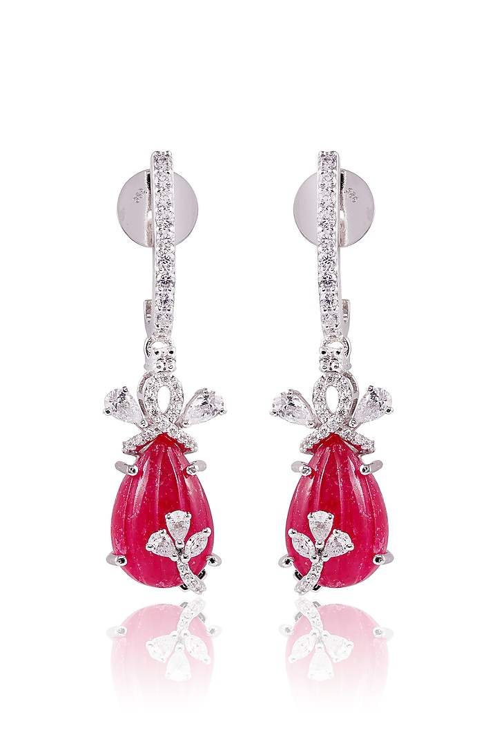 White Finish Pink Stone Dangler Earrings In Sterling Silver by PRATA at Pernia's Pop Up Shop