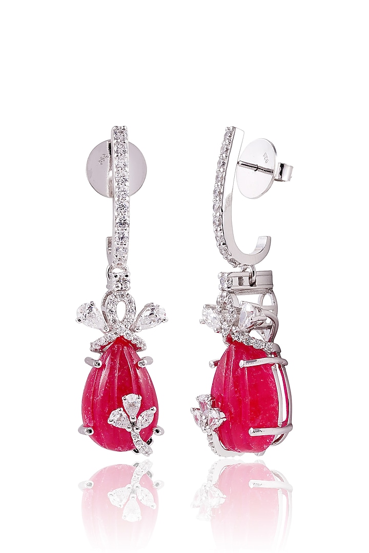 White Finish Pink Stone Dangler Earrings In Sterling Silver by PRATA at Pernia's Pop Up Shop