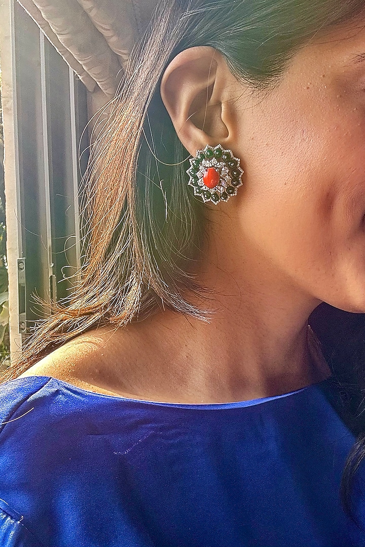 White Finish Green Stone Stud Earrings In Sterling Silver by PRATA at Pernia's Pop Up Shop