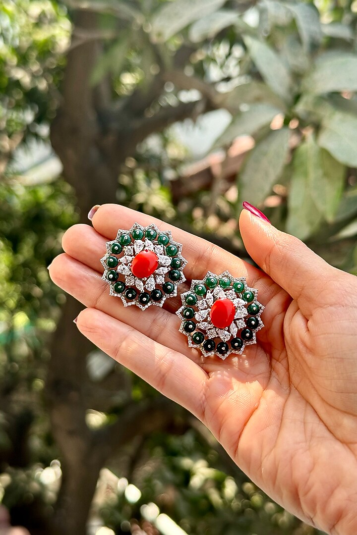White Finish Green Stone Stud Earrings In Sterling Silver by PRATA at Pernia's Pop Up Shop