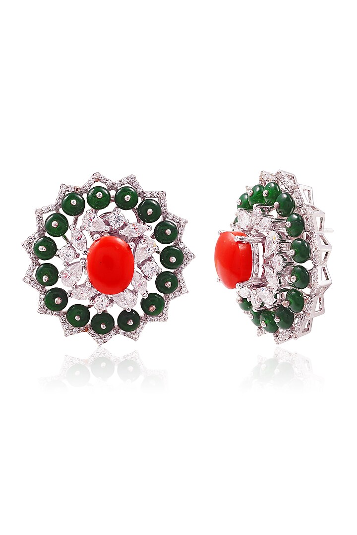White Finish Green Stone Stud Earrings In Sterling Silver by PRATA at Pernia's Pop Up Shop