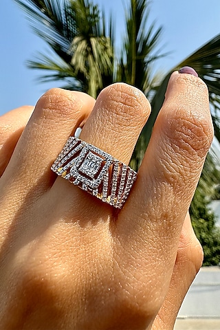 Gold Finish Diamond Ring In Sterling Silver by PRATA