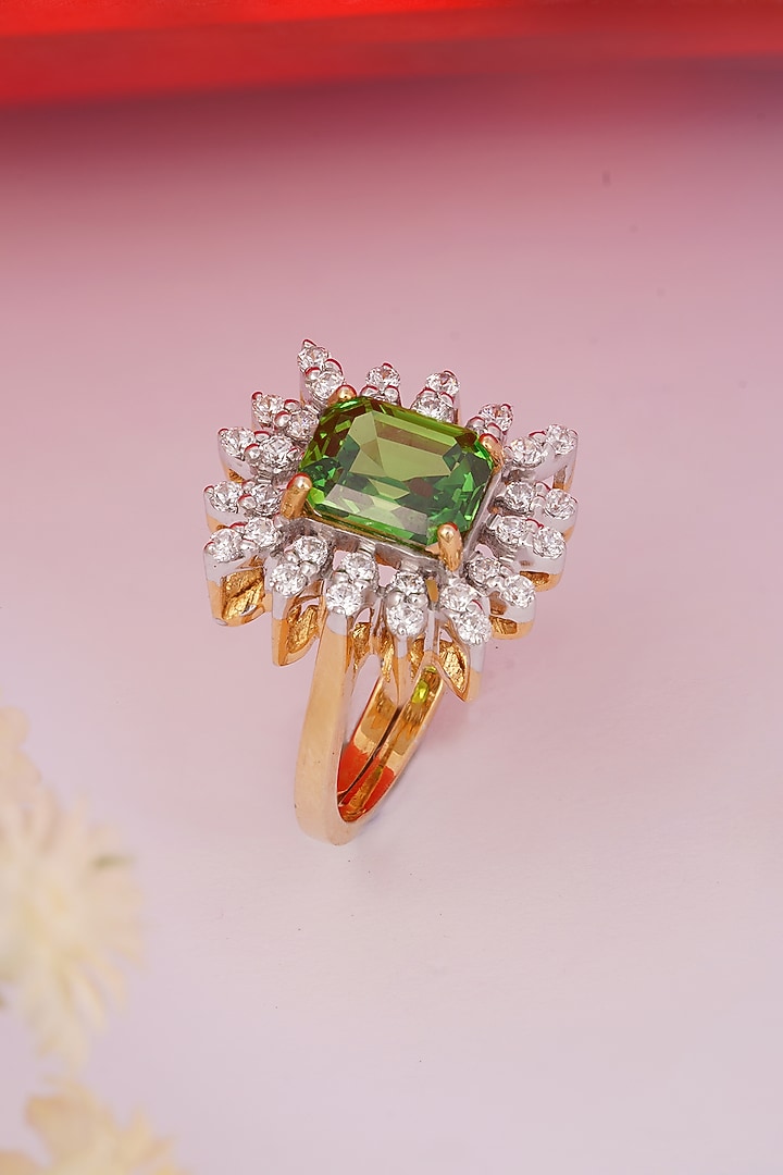 Gold Finish Cubic Zirconia & Green Stone Ring In Sterling Silver by PRATA at Pernia's Pop Up Shop