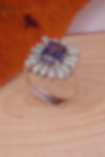 White Rhodium Finish Cubic Zirconia & Blue Stone Ring In Sterling Silver by PRATA at Pernia's Pop Up Shop