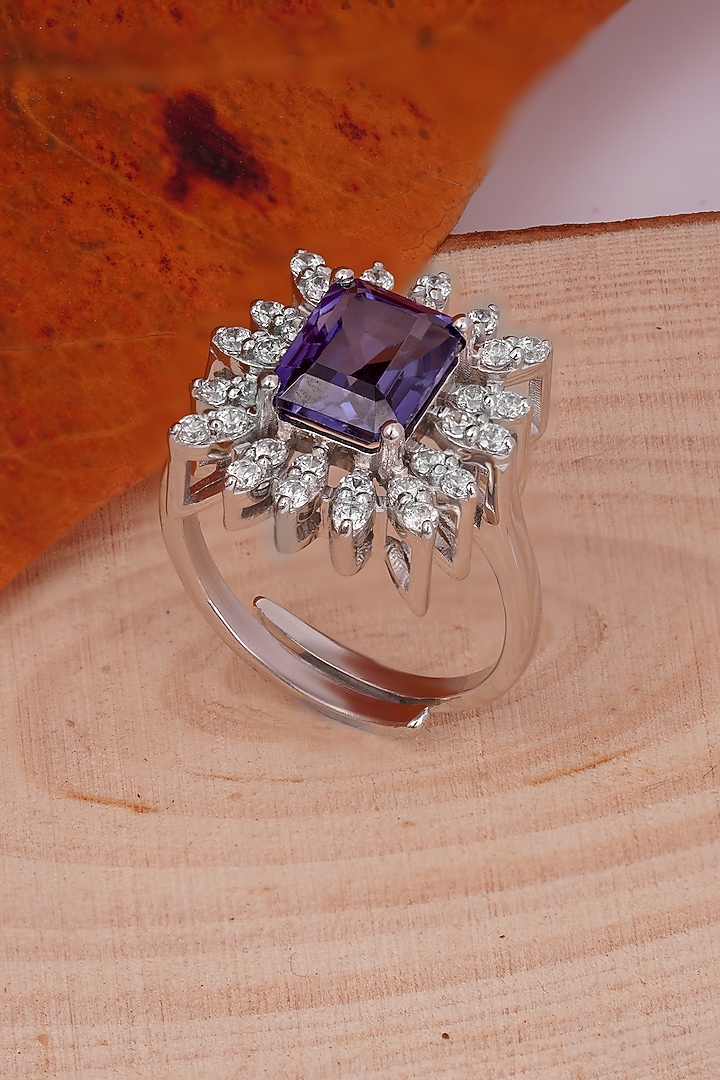 White Rhodium Finish Cubic Zirconia & Blue Stone Ring In Sterling Silver by PRATA at Pernia's Pop Up Shop