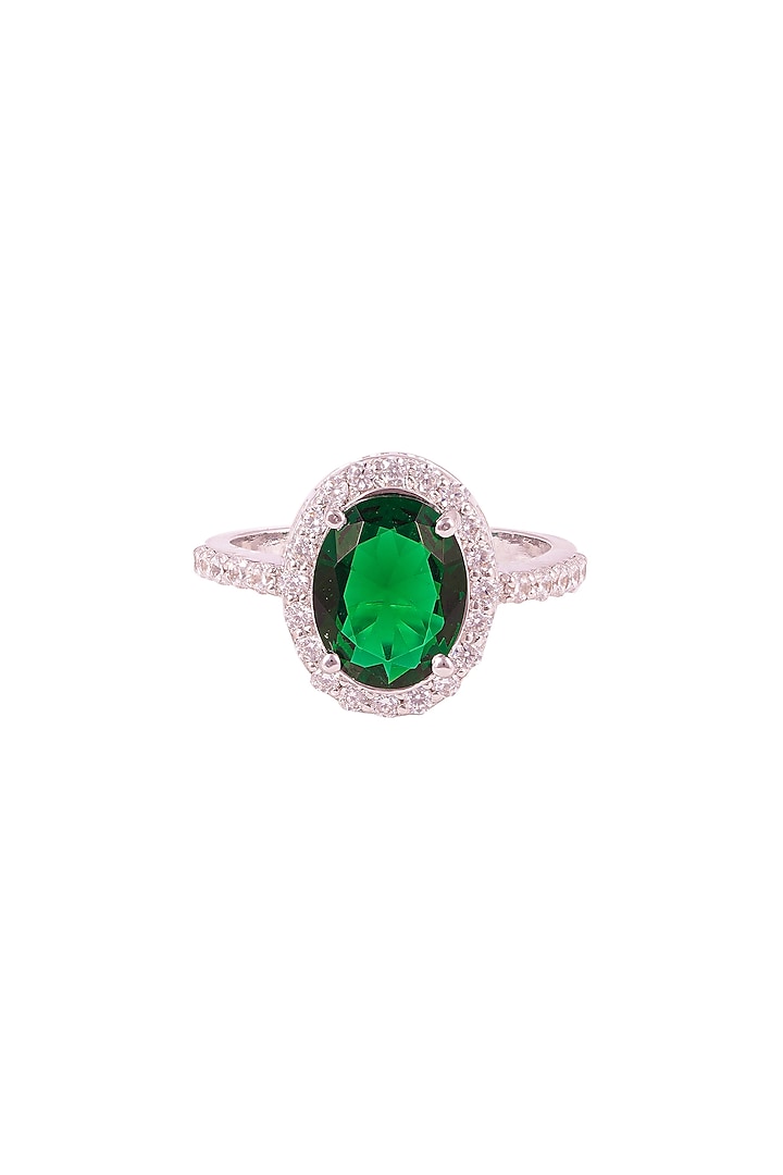 White Rhodium Finish Cubic Zirconia & Green Stone Ring In Sterling Silver by PRATA at Pernia's Pop Up Shop