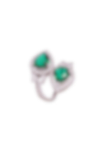 White Rhodium Finish Cubic Zirconia & Green Stone Ring In Sterling Silver by PRATA at Pernia's Pop Up Shop