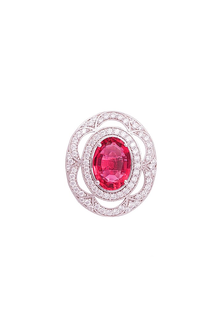 White Rhodium Finish Cubic Zirconia & Red Stone Ring In Sterling Silver by PRATA at Pernia's Pop Up Shop