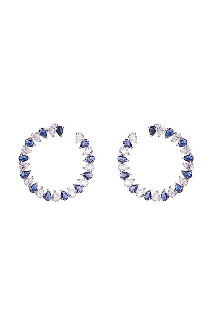 White Finish Cubic Zirconia Blue Stone Hoop Earrings In Sterling