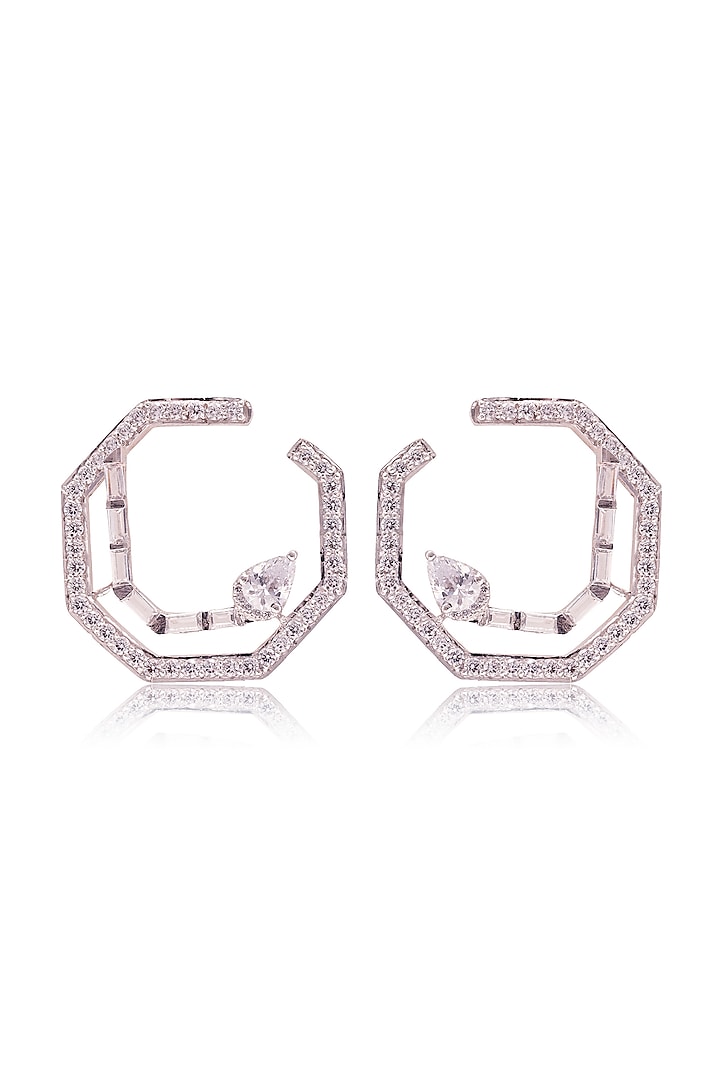 White Finish Cubic Zirconia & Green Stone Octagon-Shaped Hoop Earrings In Sterling Silver by PRATA at Pernia's Pop Up Shop